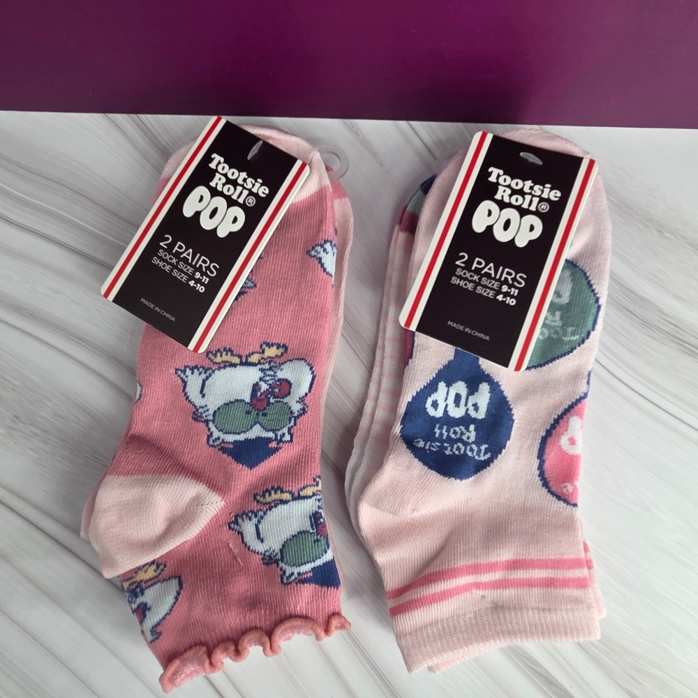Tootsie Roll‎ Pop Socks Womens Size 9 11 Pink Owl Candy Novelty 4 Pairs NWT